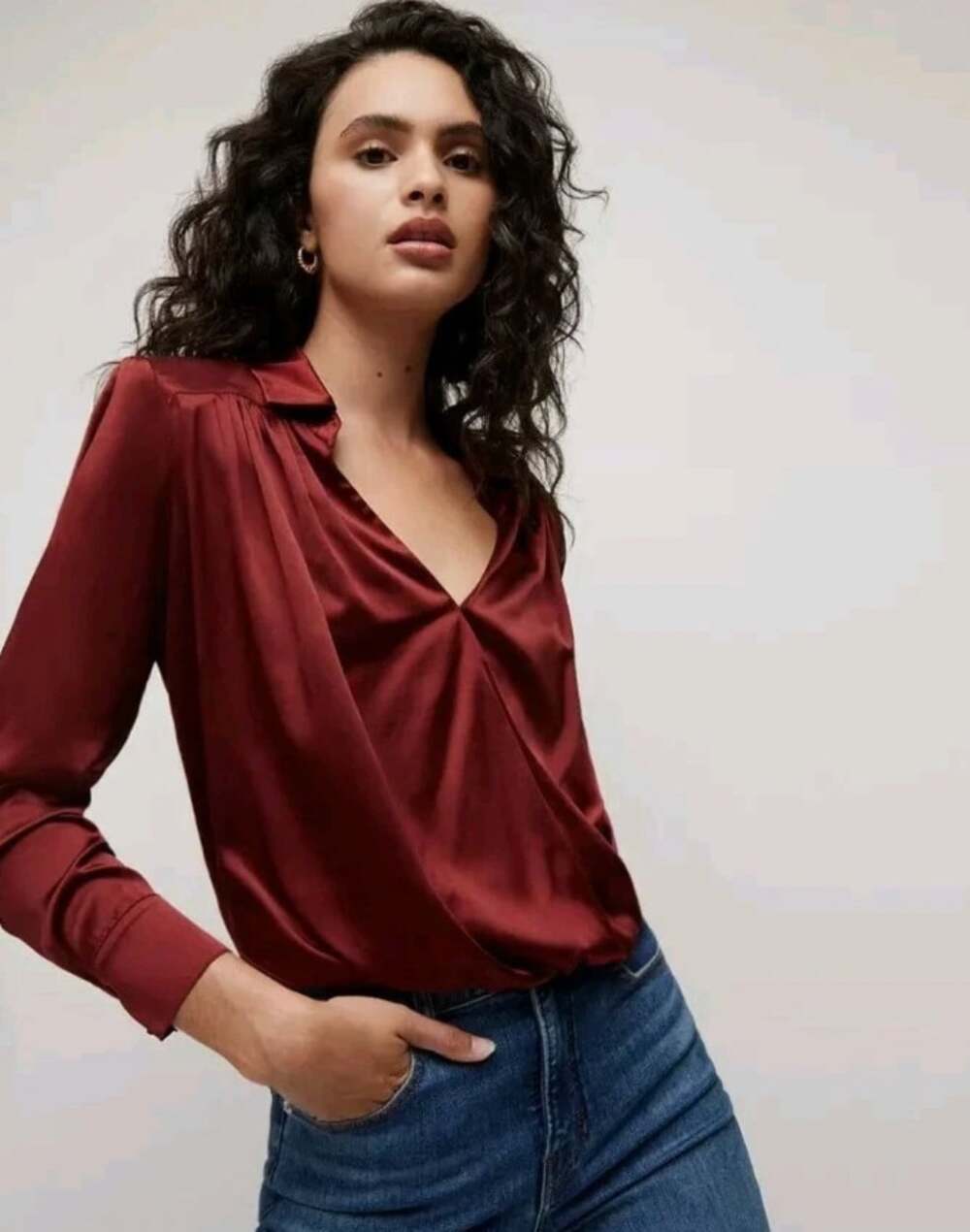 Veronica Beard Silk Long Sleeve Wrap Rozik Top in Maroon Size 2 Shoulder Pads
